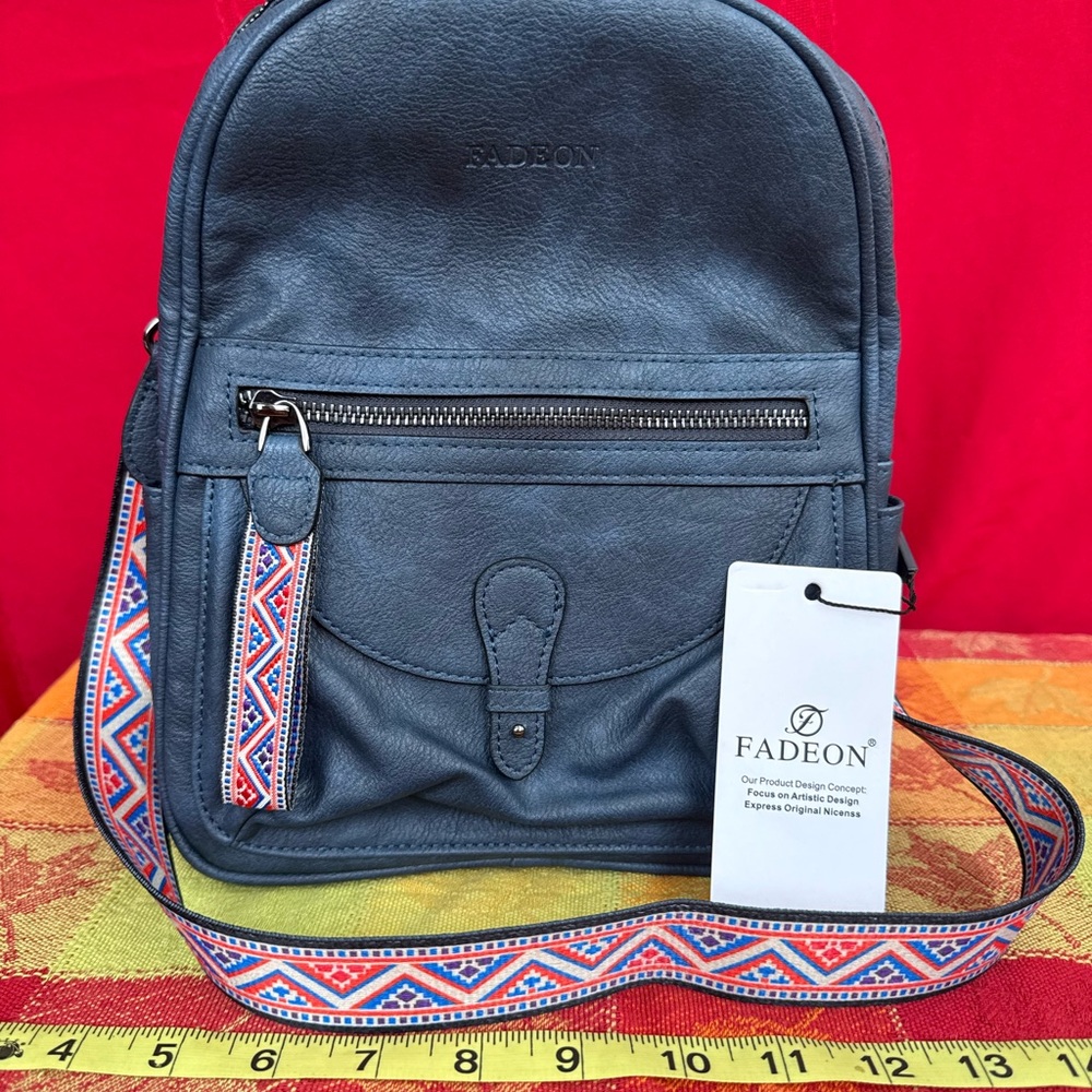 Fadeon Backpack Style Purse Blue with Colorful Geometric Patterns on Straps